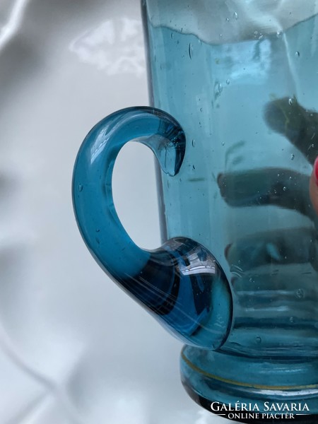 Antik fújt csodás kék füles pohár “Emlék” felirattal