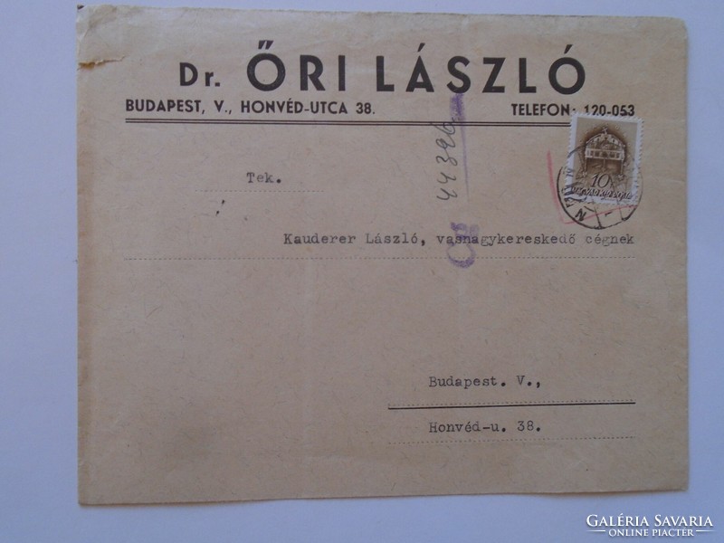 S9.21 Envelope 1941 ix 4- dr. Őri lászló Budapest - kauderer lászló for iron wholesale company