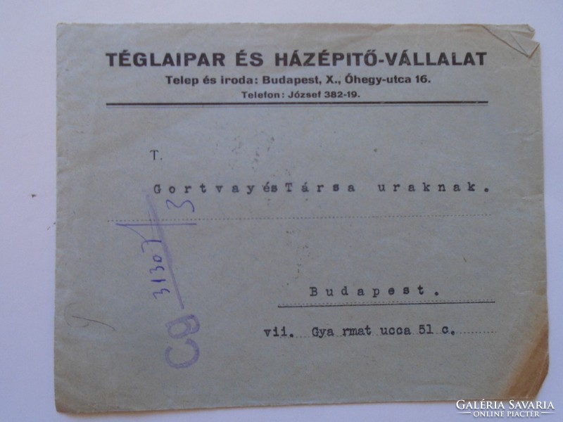 S9.32   LEVÉLBORÍTÉK  1930 Téglaipari és  Házépítő vállalat Bp. - Gortvay és Tsa.