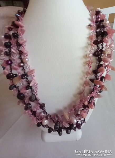 Real rhodochrosite garnet and cultured pearl 925 silver necklace
