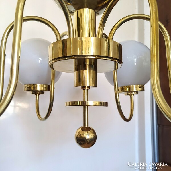 Art deco - streamline 6-arm, large-sized copper chandelier renovated - milk glass spherical shades - lampart