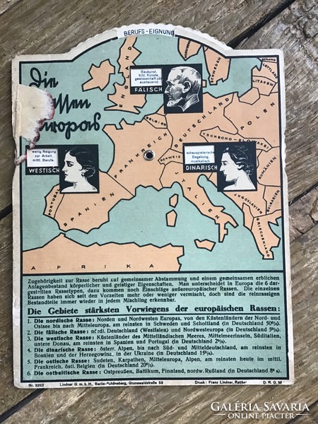 Ritkaság! Mechanikus taneszköz, oktatási segédanyag “Európa fajai”, rasszista ideológia 1930-ból