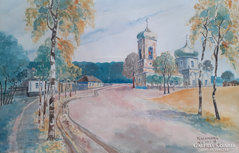 Sződy Szilárd: Kaszimov utcáin, 1917 - régi akvarell, Oroszország