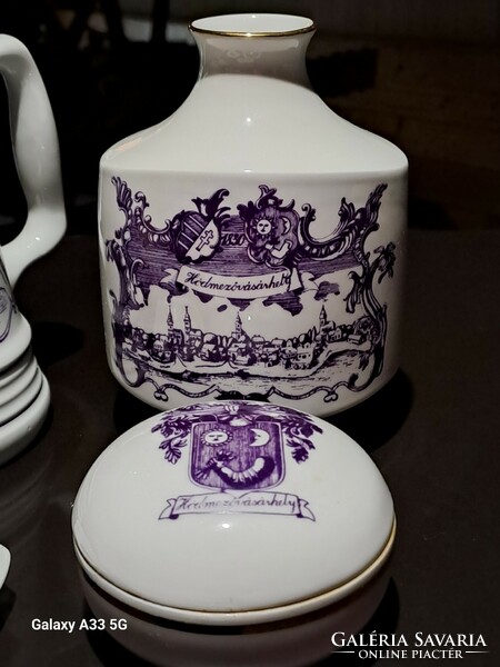 Retro lowland porcelain vase with purple Hódmezővásárhely decor ashtray jar bonbonier