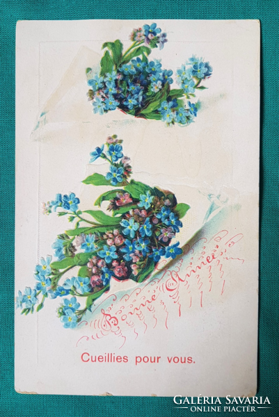 Antik virágos újévi képeslap ,nefelejcs