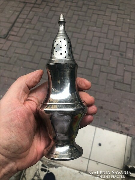 Thick silver-plated salt shaker, 16 cm high, a rarity.