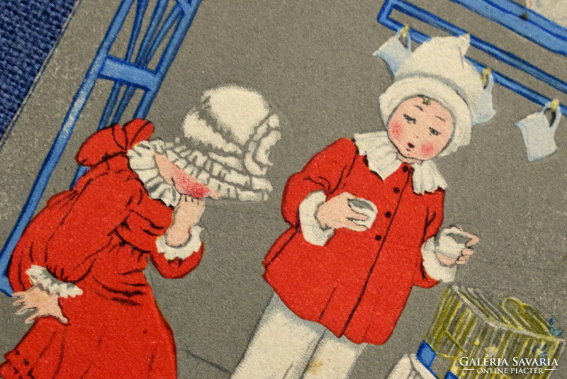 Art deco grafikus Művész képeslap gyerekek játékkal kalitkából szökött kanári