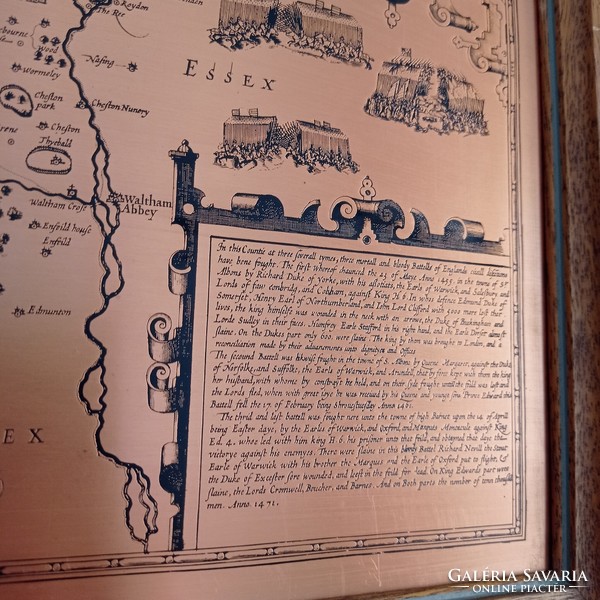 Copperplate engraving of a 16th century map of Hartfordshire in a wooden frame