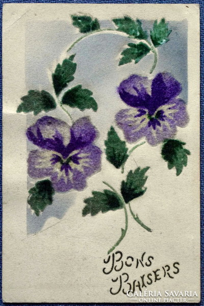 Antik dekupázs üdvözlő képeslap bársony virággal  árvácska    1923