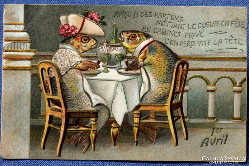 Antique embossed litho greeting card elegant fish lady and fish gentleman in restaurant Apr. 1. Humor