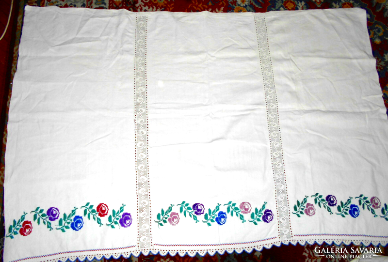 Antique linen dresser tablecloth with hand-crocheted lace divider 140 cm x 95 cm