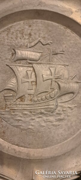 Old pewter plate, sailing ship wall plate (m4113)