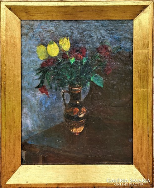 Still life art gallery painting by rudolf Bér (1924 - 2004) from the 1950s with original guarantee!