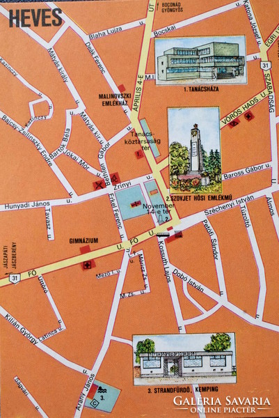 Heves- térkép képeslap -Szovjet hősi emlékmű, Vörös Hadsereg út.. ilyenek .. Carthographia Bp 1984