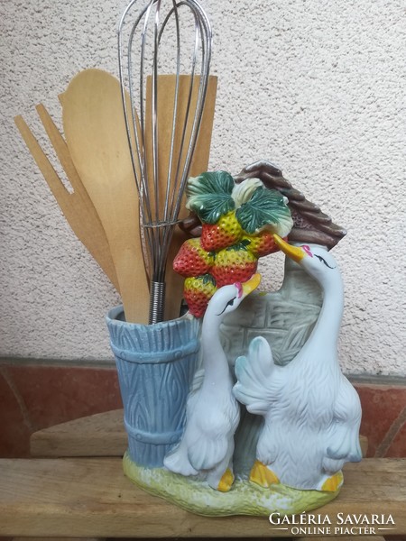 Pair of roasting ducks, with kitchen utensil storage on the side (beater, wooden spoon set)