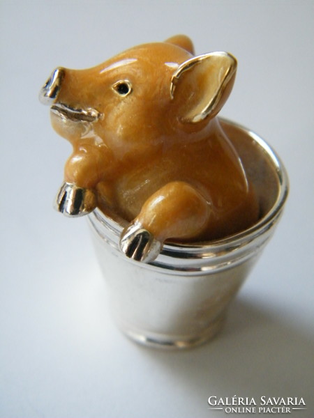 Saturno sterling silver and enamel pig figurine in a bucket