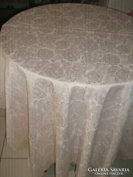 Beautiful vintage rosy pale pink silk damask tablecloth with slinged edge