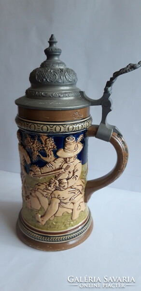 Antique German jug with tin lid, cup