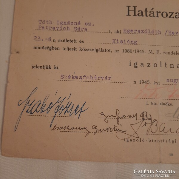 Székesfehérvári igazoló bizottság által 1945. aug. 13-án kiállított határozat
