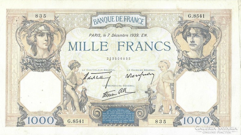1000 frank francs 1939 Franciaország Ritka Nagy méretű bankjegy