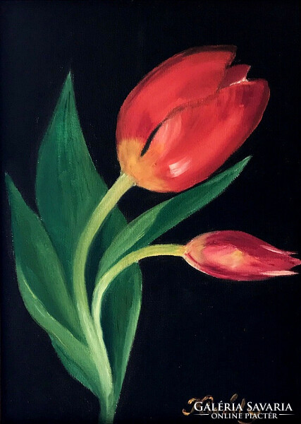 Piros tulipán - keretezett olajfestmény