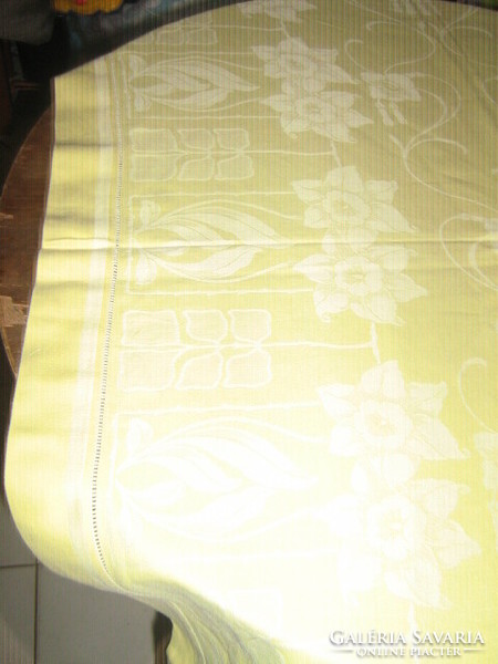 Antique monogrammed yellow daffodil damask tablecloth