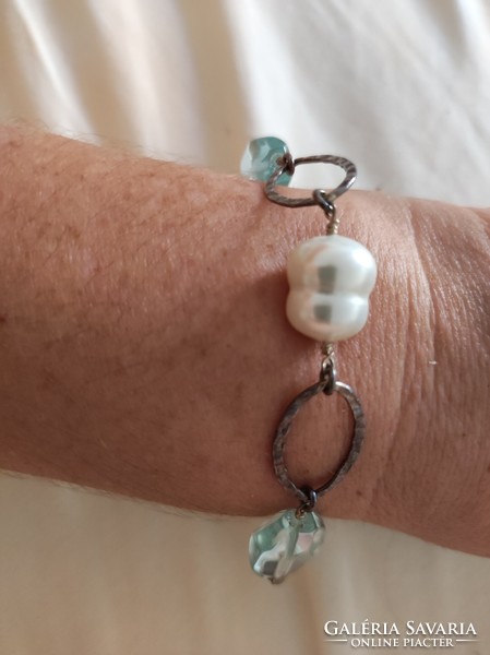 Israeli silver bracelet with aquamarine and pearls