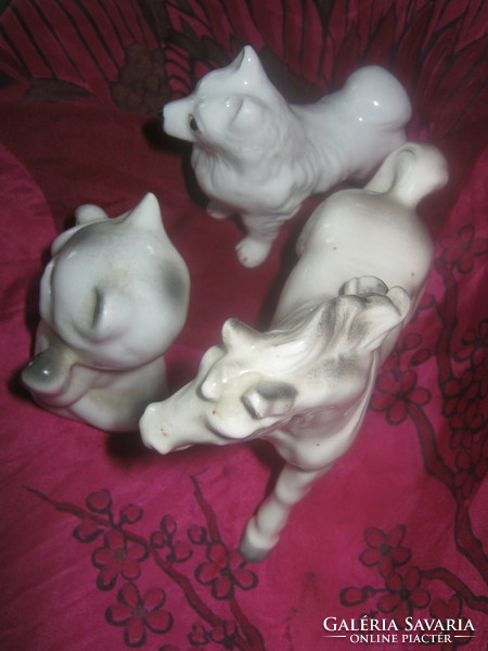 3 porcelán figura cica kutya és ló