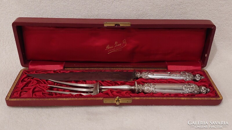 Denis grau tourcoing French antique silver meat fork and knife set in box