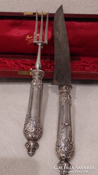 Denis Grau Tourcoing Francia antik ezüst húsvilla és kés szett dobozban