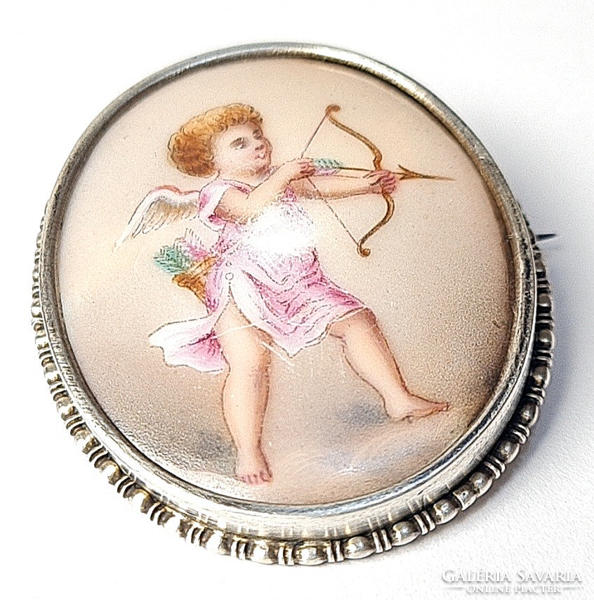 KIÁRÚSÍTÁS! :)  Antik ezüst porcelán betétes bross, festett miniatúrával