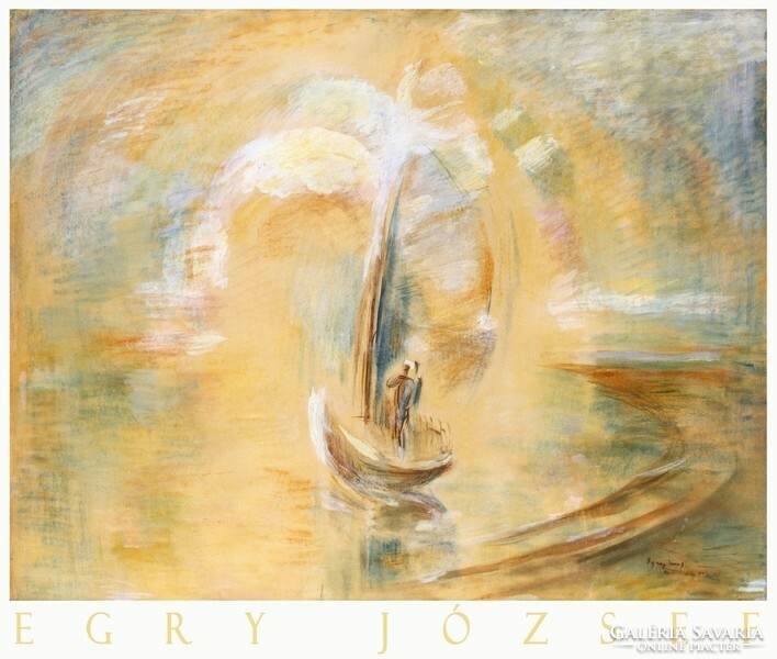 Art poster of Egry József golden gate 1943 expressionist painting, lake sailboat sunrise on lake