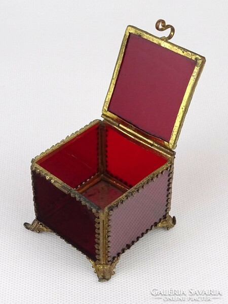 1O221 last century Austrian copper glass box with colored glass insert