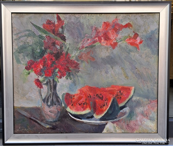 Jenő Béres (1912-1981): melon still life, gallery owner