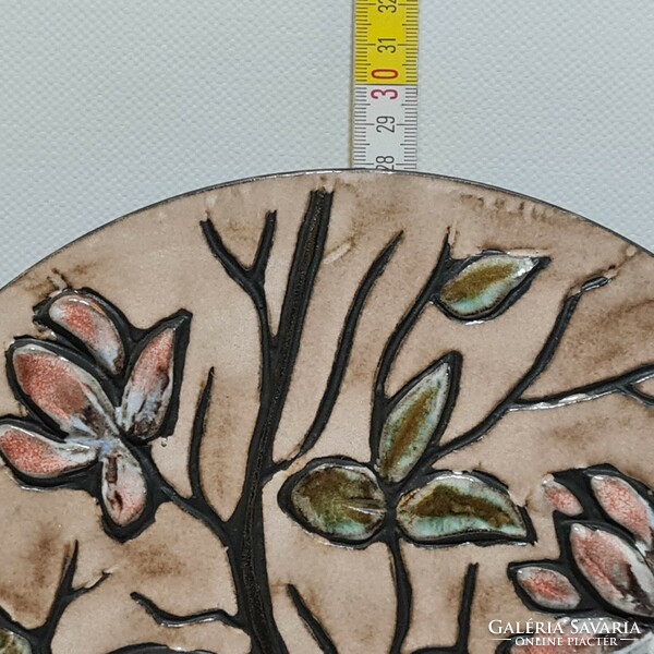 Marked ceramic wall decoration with pink flower and tit pattern (2733)