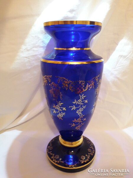 Bohemia cobalt blue glass vase with gold pattern 30 cm
