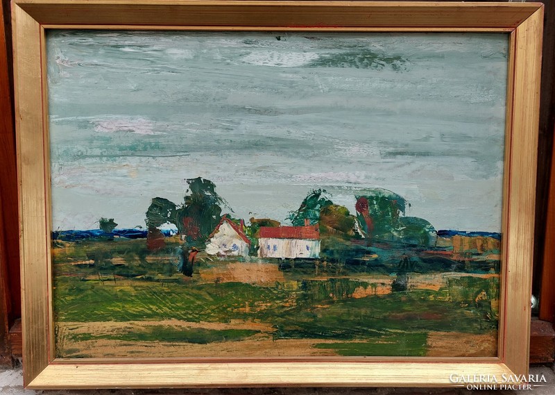 János Szűcs oil-on-wood painting with the title farm, gallery
