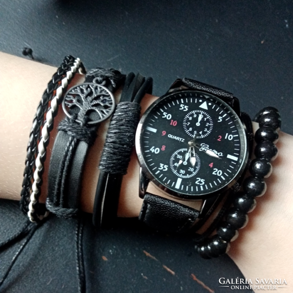 Quartz watch and black men's bracelet set 83