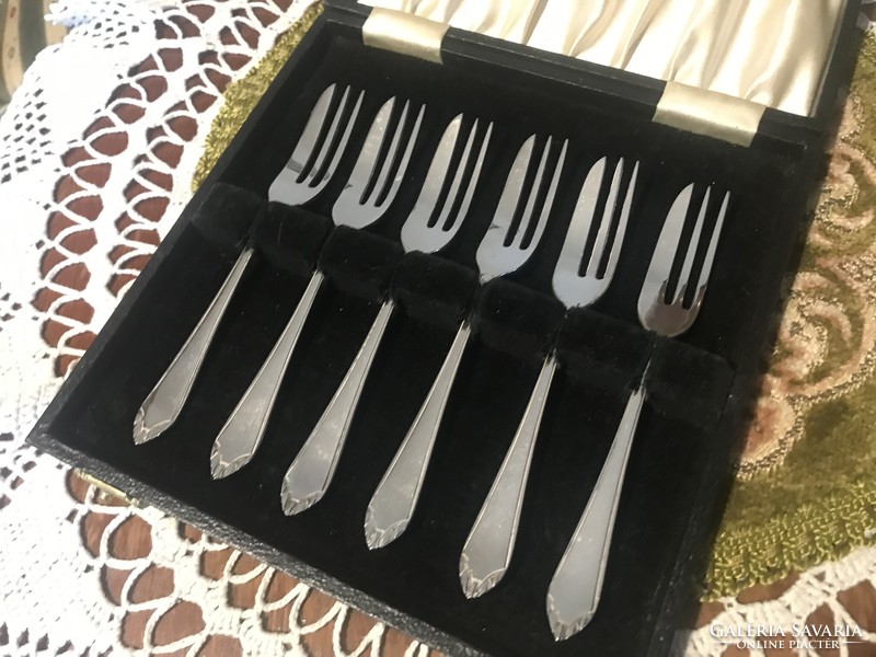 Old, silver-plated, sheffield, marked, set of 6 dessert forks, in box