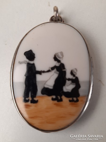 Antique fire enamel picture pendant, with mirror on the back, in a silver frame, with a Viennese dog's head mark