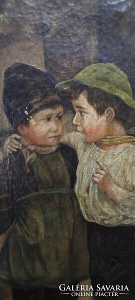 Bartholomeidesz Kálmán 1900. olaj-vászon életkép festmény aranyozott áttört keretben