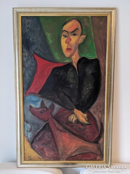 Gyula Bakányi: seated man with his dog (large cubist style painting)