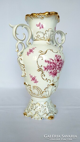 Hollóházi Óriás 36cm nagy Barokk Rózsaszín virágos váza. Hibátlan!