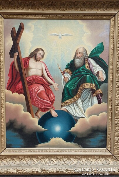 Régi olaj-vászon festmény, Szentháromság , 95x81 cm, gyönyörűen feltisztítva