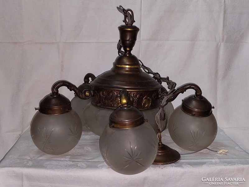 5-arm, 6-bulb bronze chandelier with original polished shades