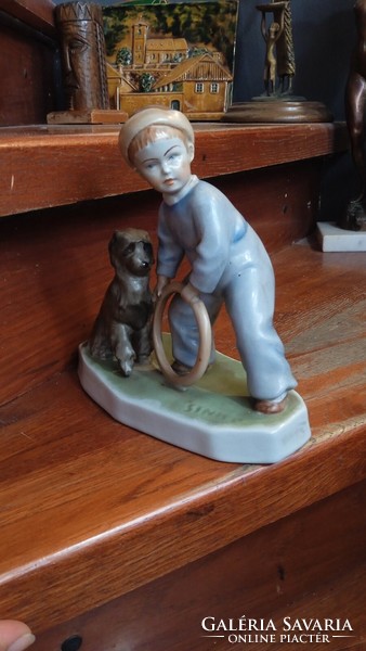 Zsolnay porcelain figural statue, little boy with shield seal, circling, 20 cm