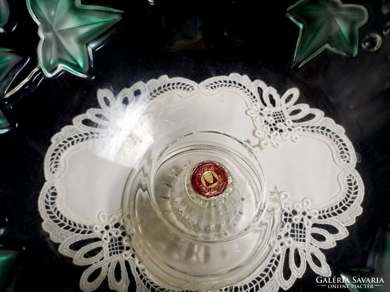 Beautiful large walther glass base glass serving bowl with green leaf pattern