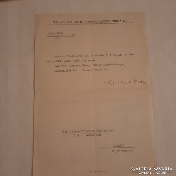 Keresztury Dezső miniszterként aláírt hivatalos levele 1945. dec.24.