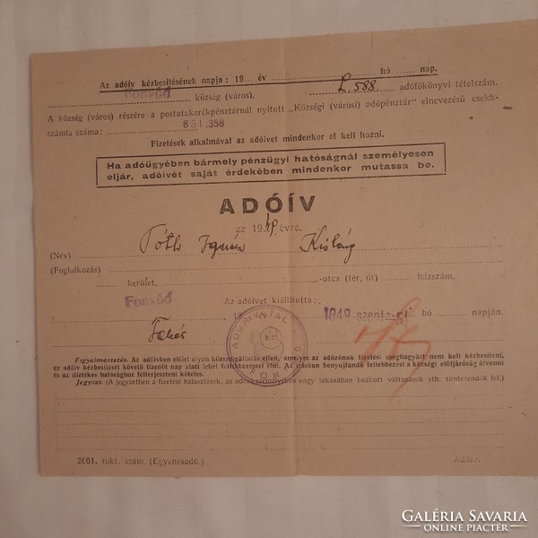 Tax form issued by the Fonyód tax office for the year 1949