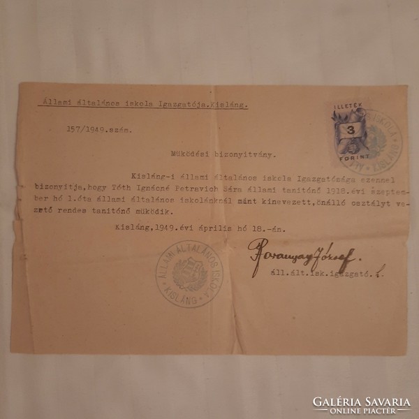 Kislángi Állami Általános Iskola által kiállított működési bizonyítvány 1949. év